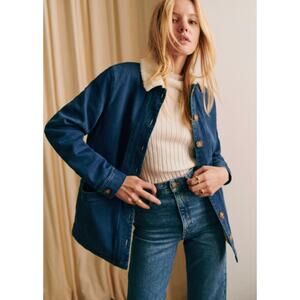 Sezane Will Blue Denim Corduroy Shearling Faux Sheepskin Collar Work Jacket XXS